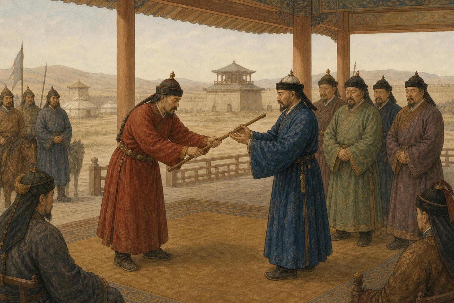 Yuan court figures transferring a plain ceremonial staff before ministers in an open Shangdu pavilion