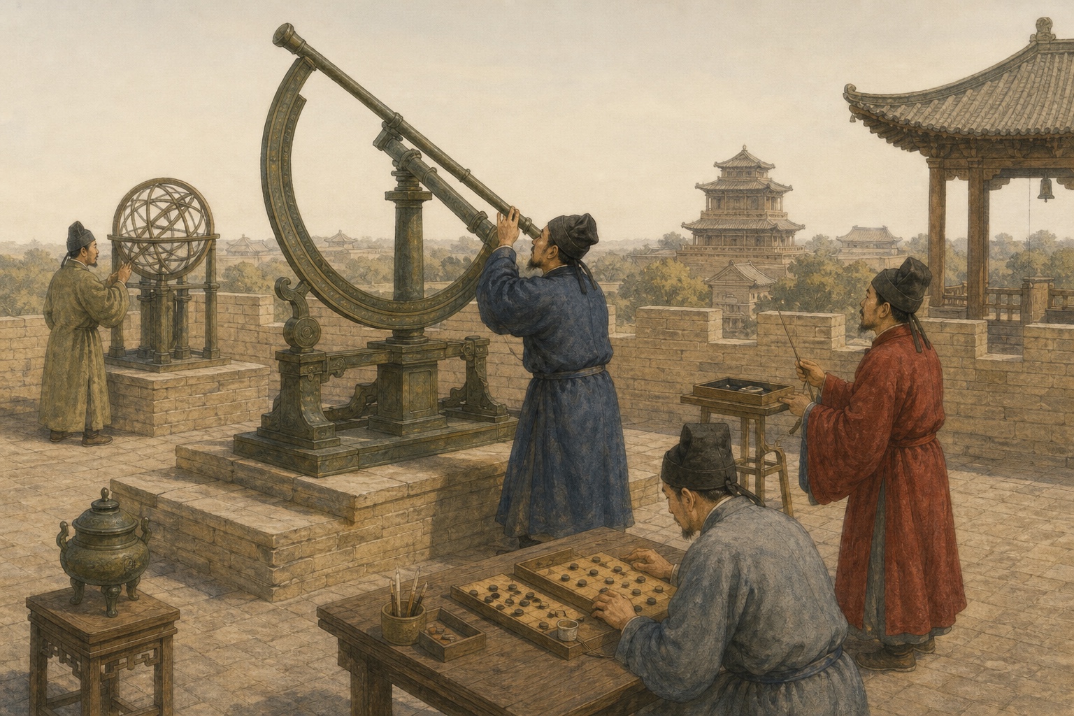 Yuan astronomers operating large bronze sighting instruments on an observation platform
