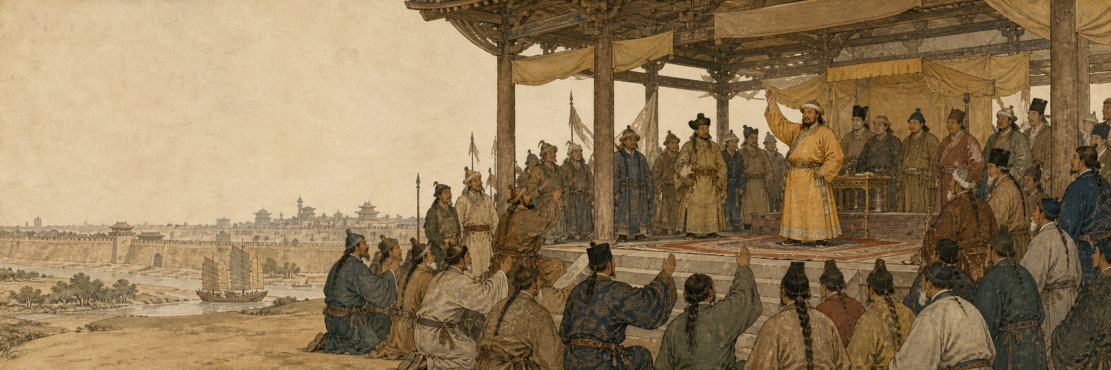 A Mongol ruler receiving acclamation from courtiers at a court overlooking a northern Chinese city