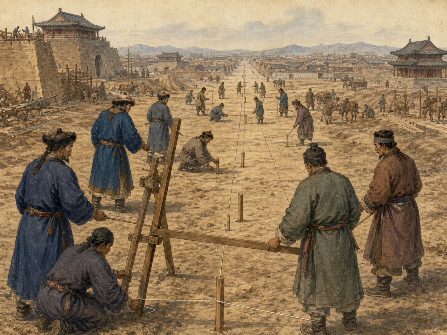 Surveyors and workers using cords and stakes to lay out streets in Dadu under construction