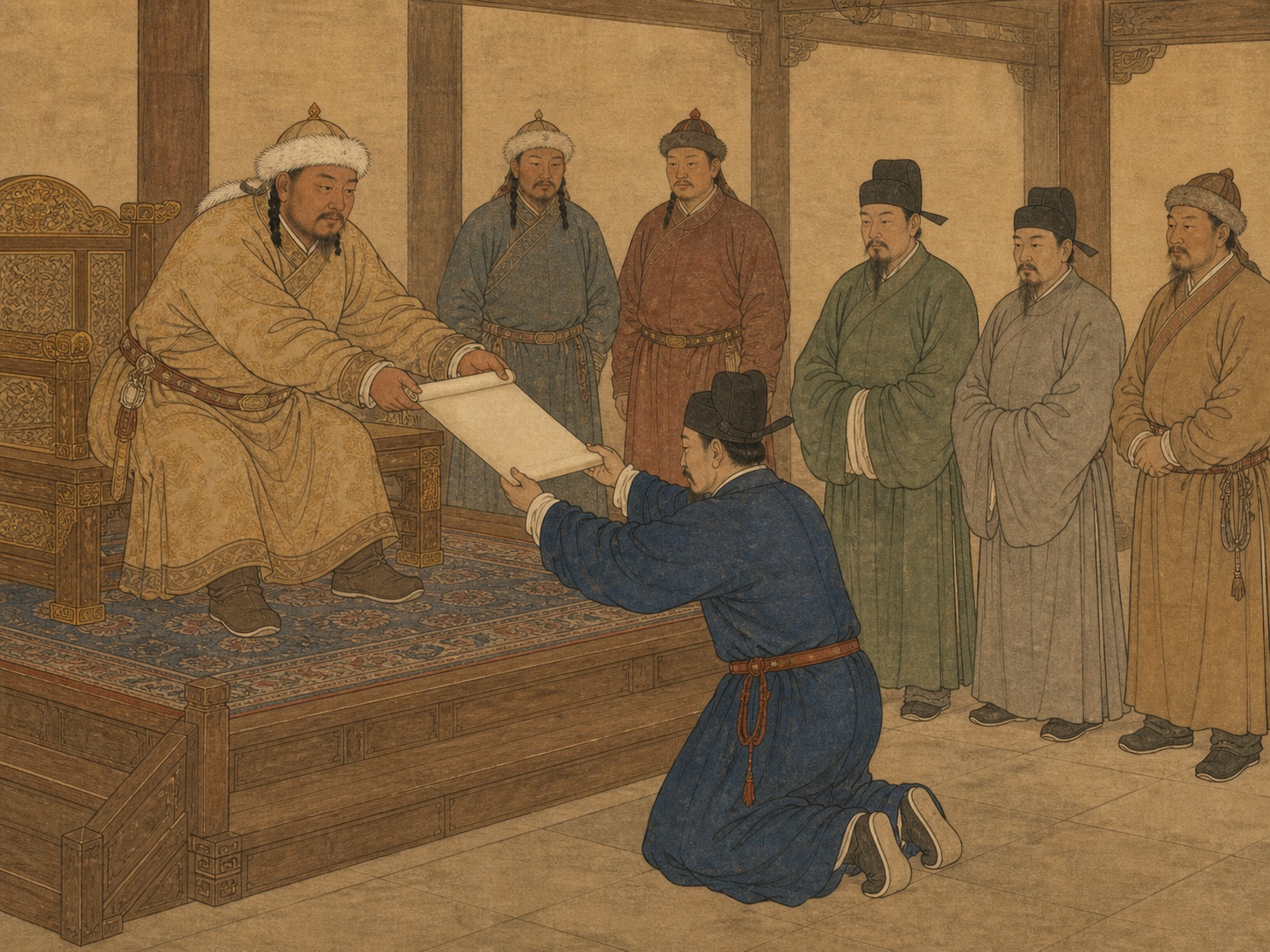 A Yuan court official receiving a blank scroll with both hands from a Mongol ruler on a dais