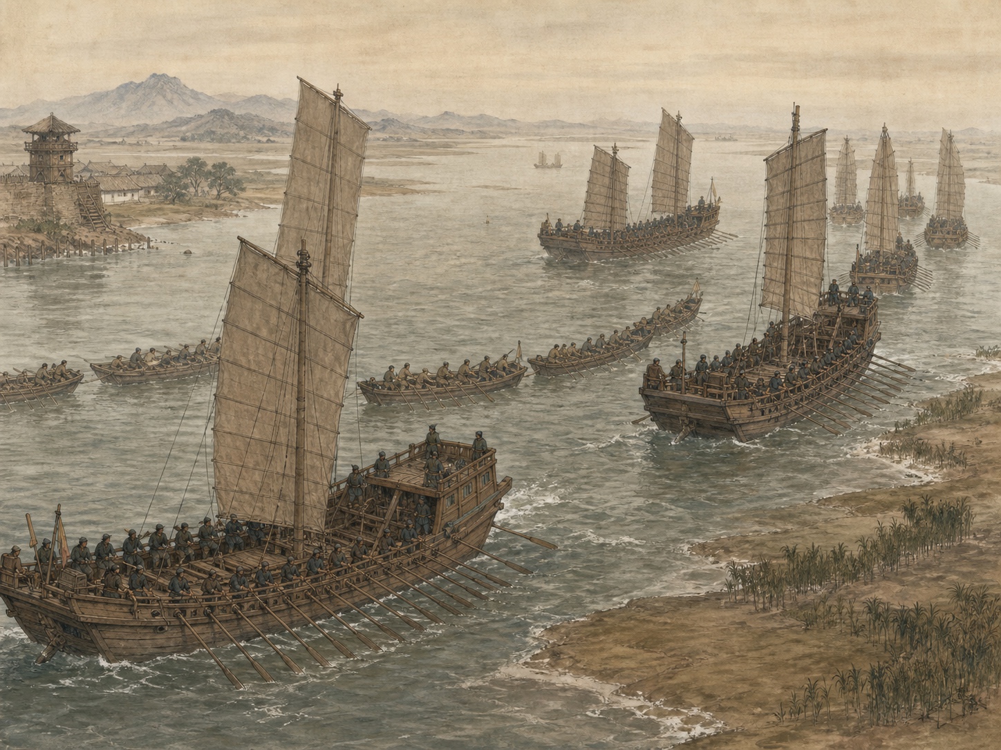 Several fleets maneuvering with sails and oars in the mountainous Yamen estuary