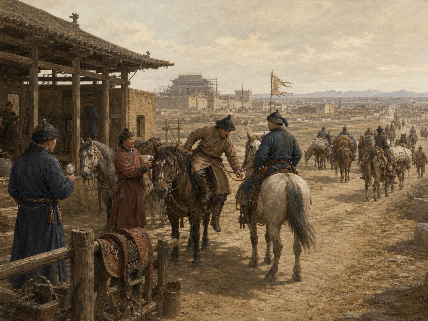 Yuan couriers and a caravan changing horses at a relay station on a road toward a walled city