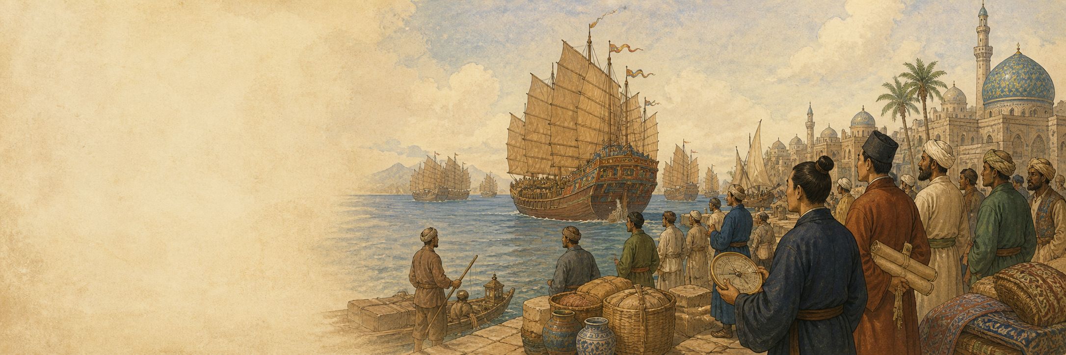 A historical reconstruction of travelers, vessels, and traded goods at from the Chinese coast across the Indian Ocean, showing the setting of Voyages of Zheng He