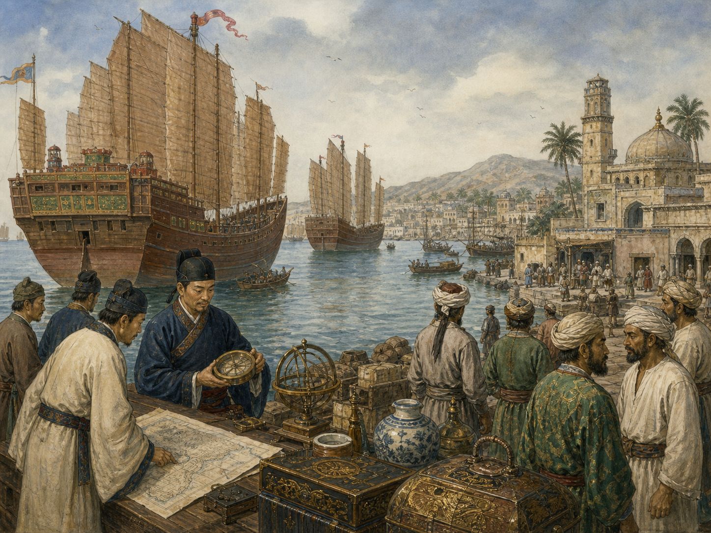 Historical reconstruction of Voyages of Zheng He's background: In and around from the Chinese coast across the Indian Ocean, the setting took shape as Zheng He’s fleets, sponsored by the Ming court, visited ports in Southeast Asia, India, Arabia, and East Africa.