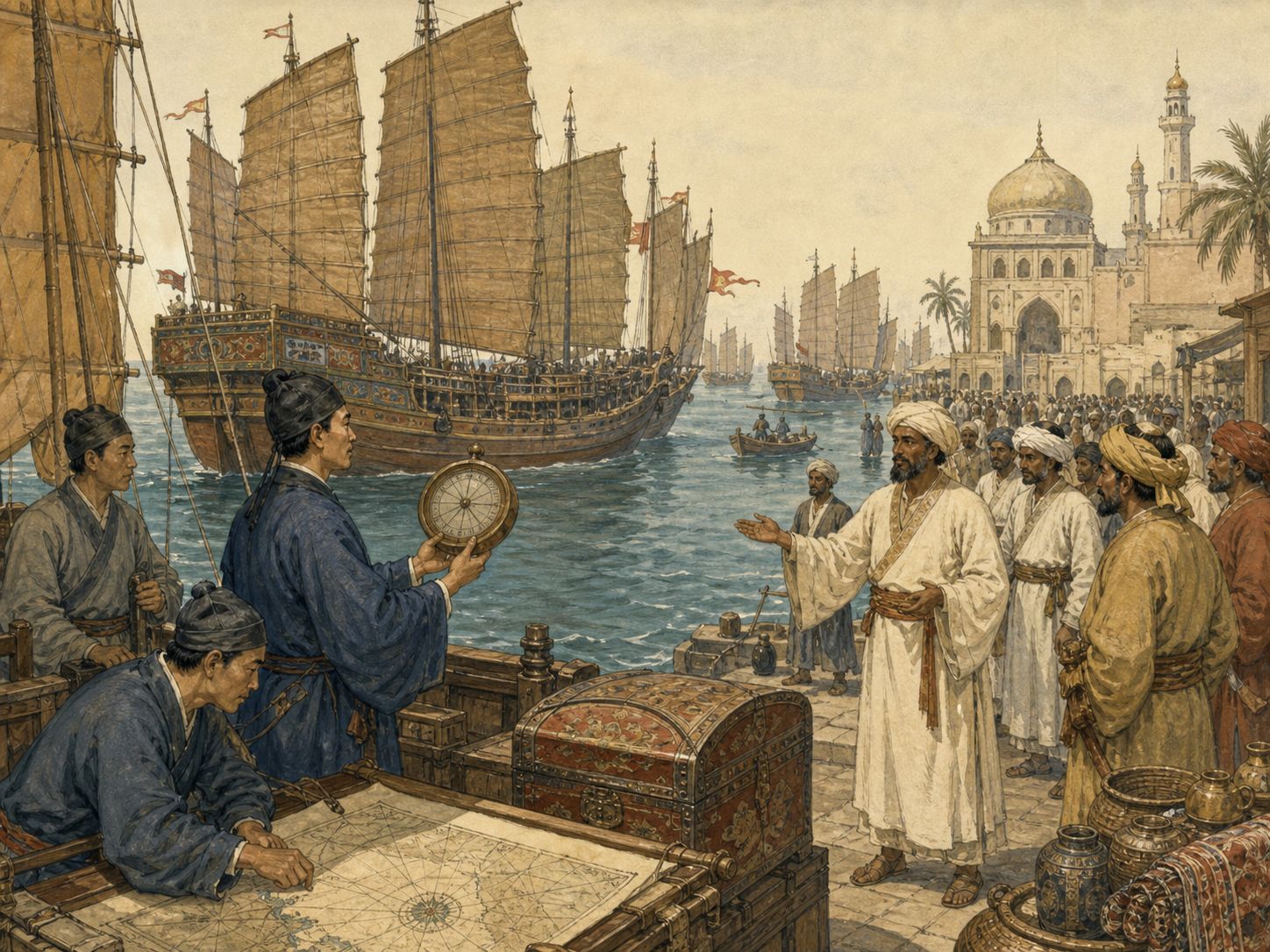 Historical reconstruction of Voyages of Zheng He's central action: Zheng He’s fleets, sponsored by the Ming court, visited ports in Southeast Asia, India, Arabia, and East Africa.