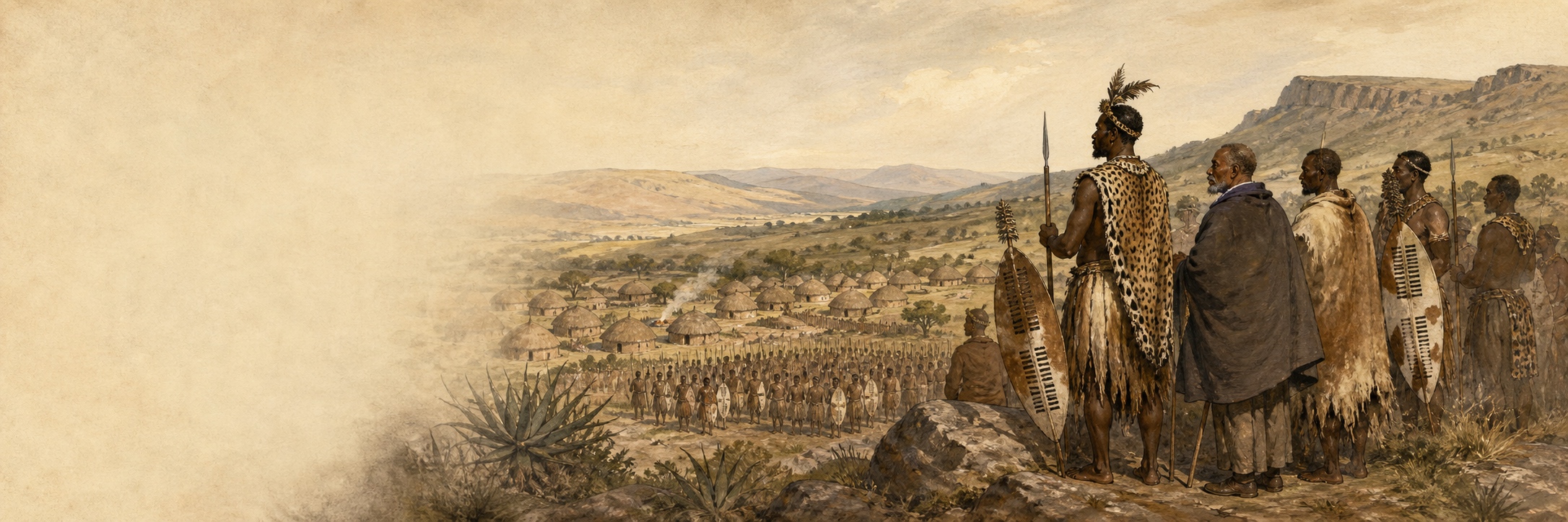 A historical reconstruction of Community leaders facing one another in negotiation among hide shields and spears at Zululand in southeastern Africa at Zululand in southeastern Africa, showing the setting of Rise of the Zulu Kingdom