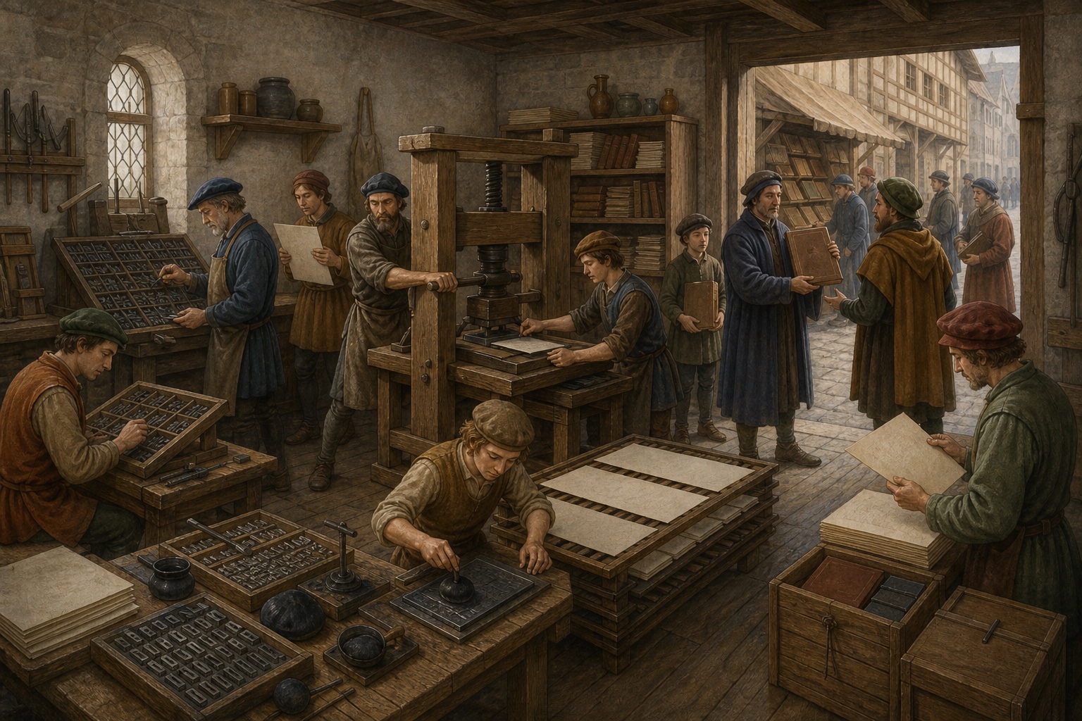 Reconstruction of a fifteenth-century print workshop with movable type and books