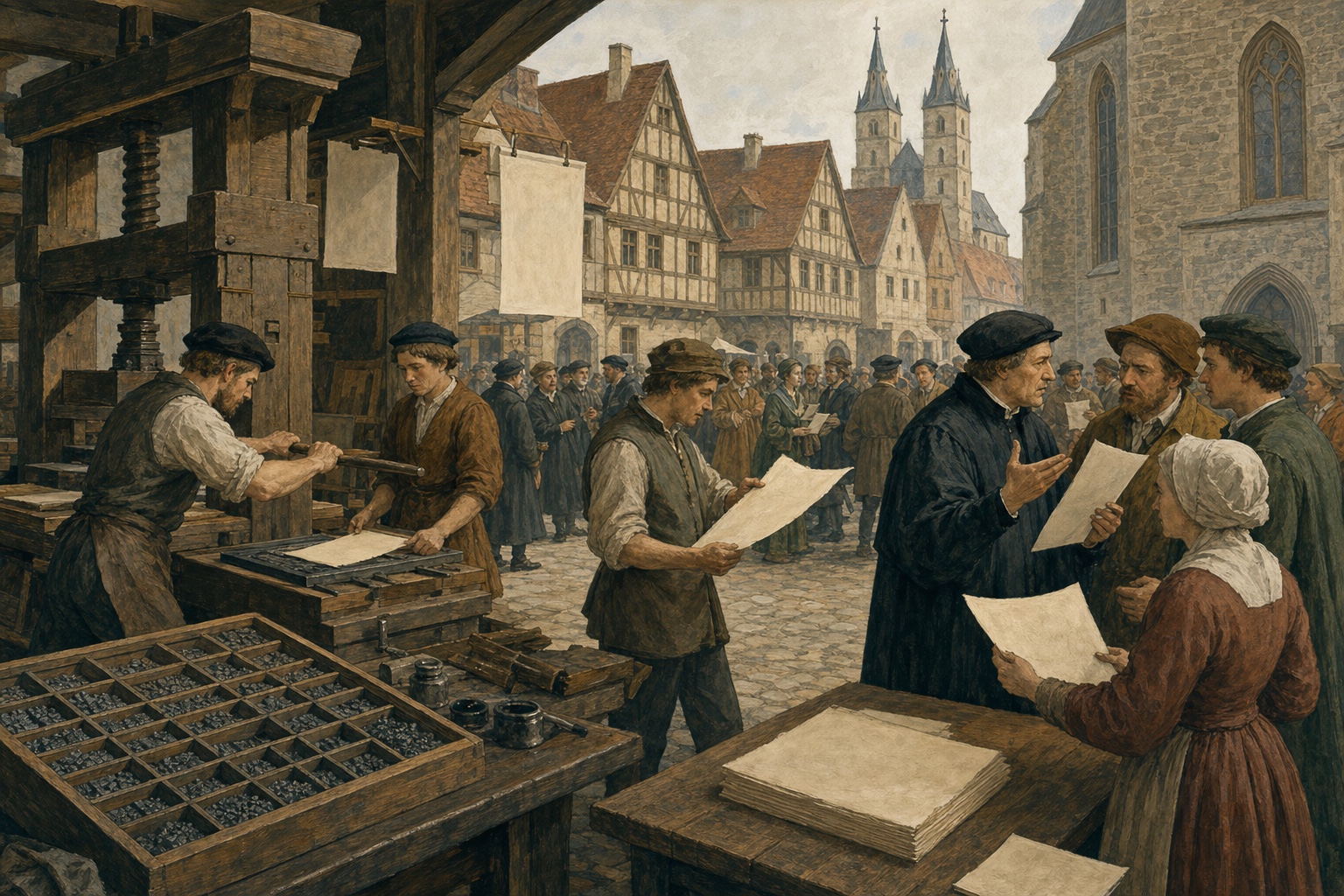 Illustrated reconstruction of printers and townspeople debating pamphlets beside a wooden press