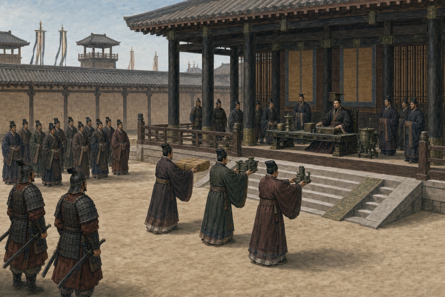 The First Emperor receives officials in a Qin court after unification, all in Qin-period dress and architecture
