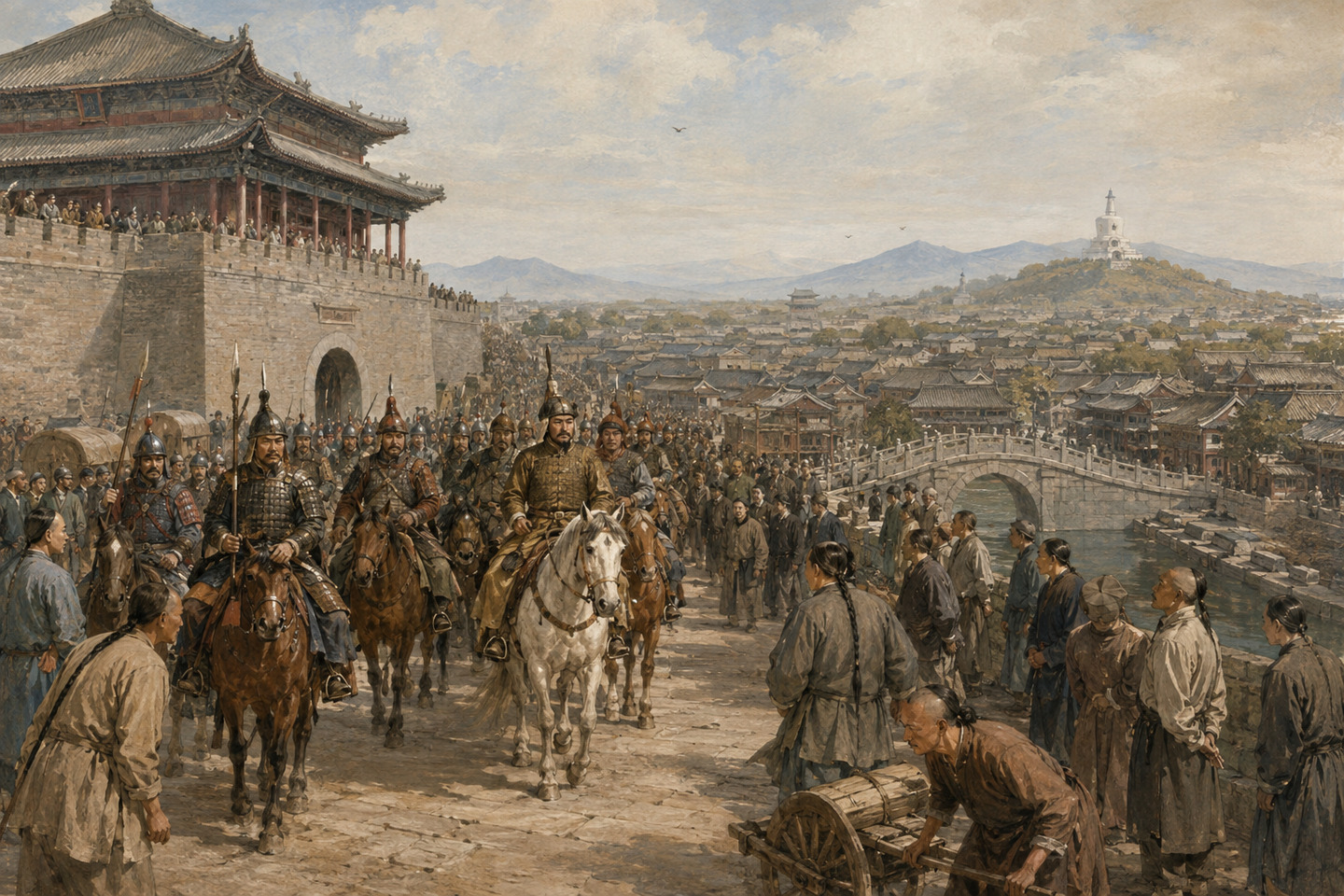 Historical reconstruction of Qing cavalry entering a Ming walled city as residents watch