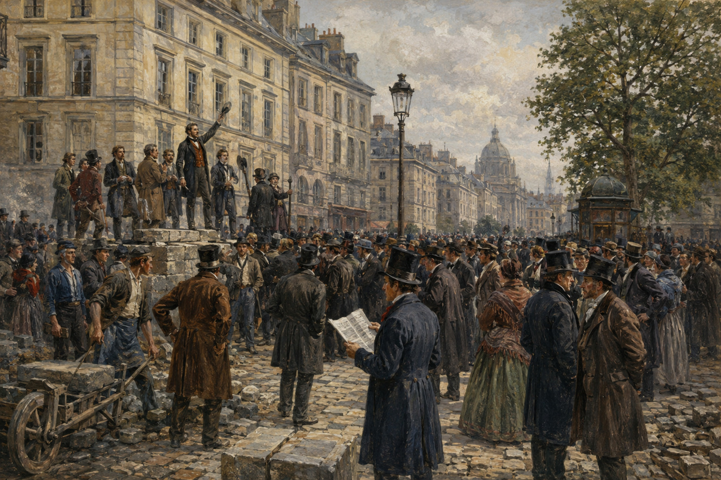 Historical reconstruction of speakers and citizens gathering around a Paris barricade during the Revolutions of 1848