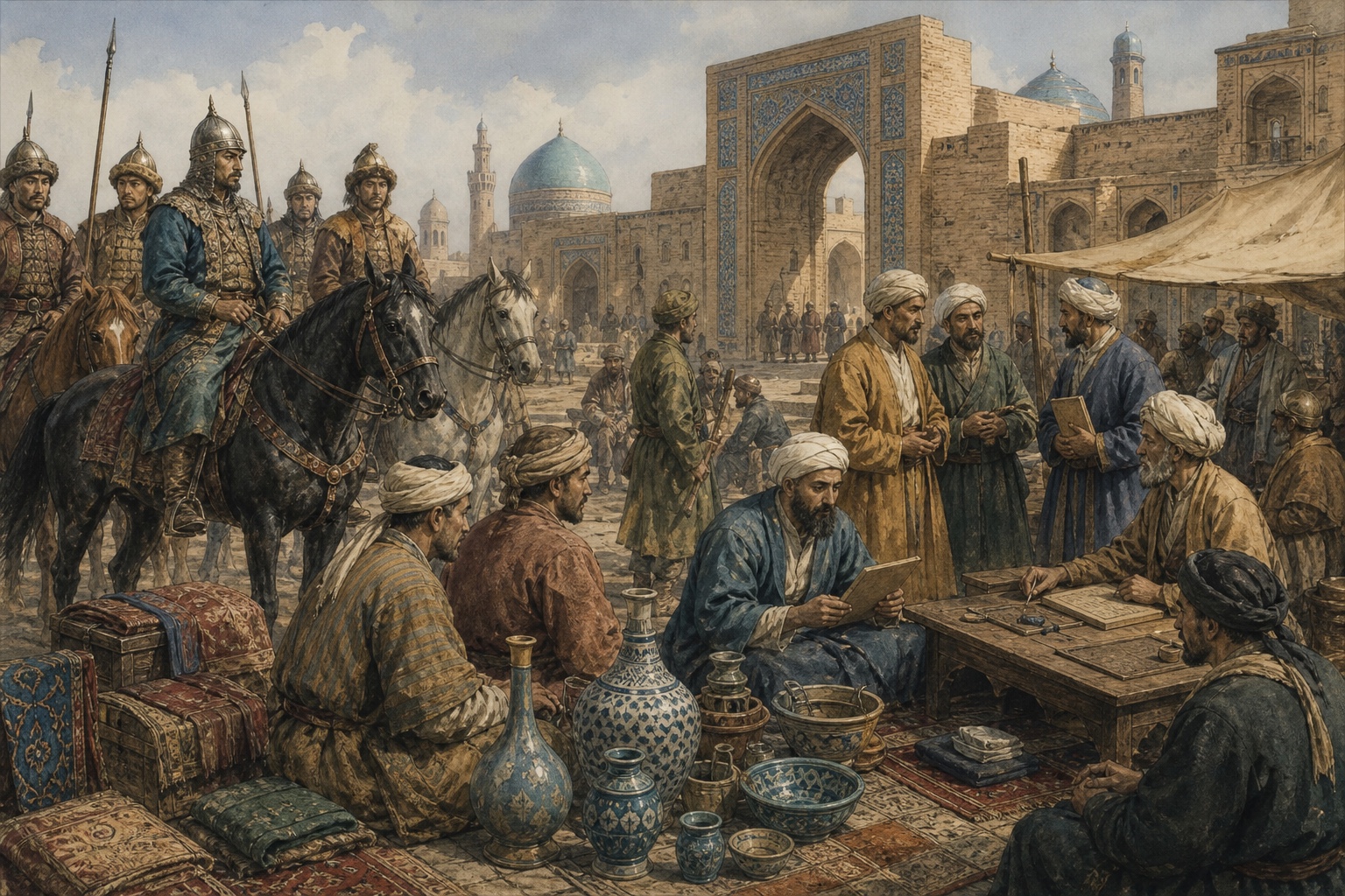 Reconstruction of Turkic soldiers and Persianate scribes discussing governance at a Seljuk court in Nishapur