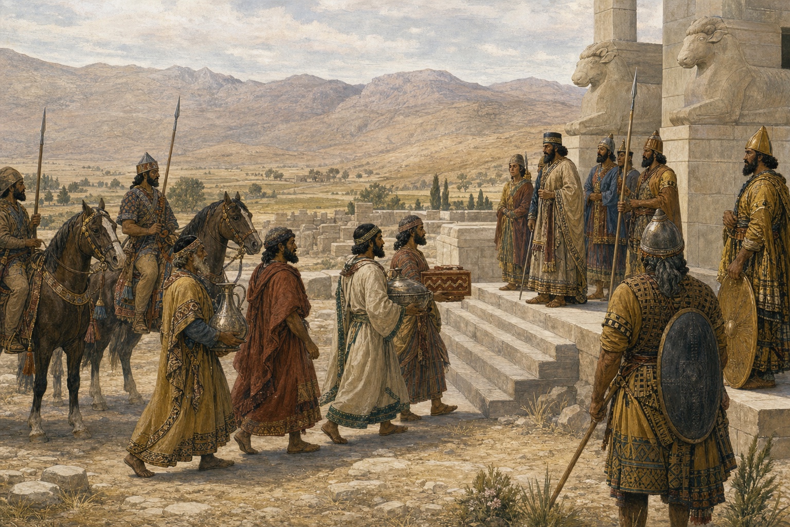 Reconstruction of Cyrus-era soldiers and envoys moving beside the stone architecture of Pasargadae
