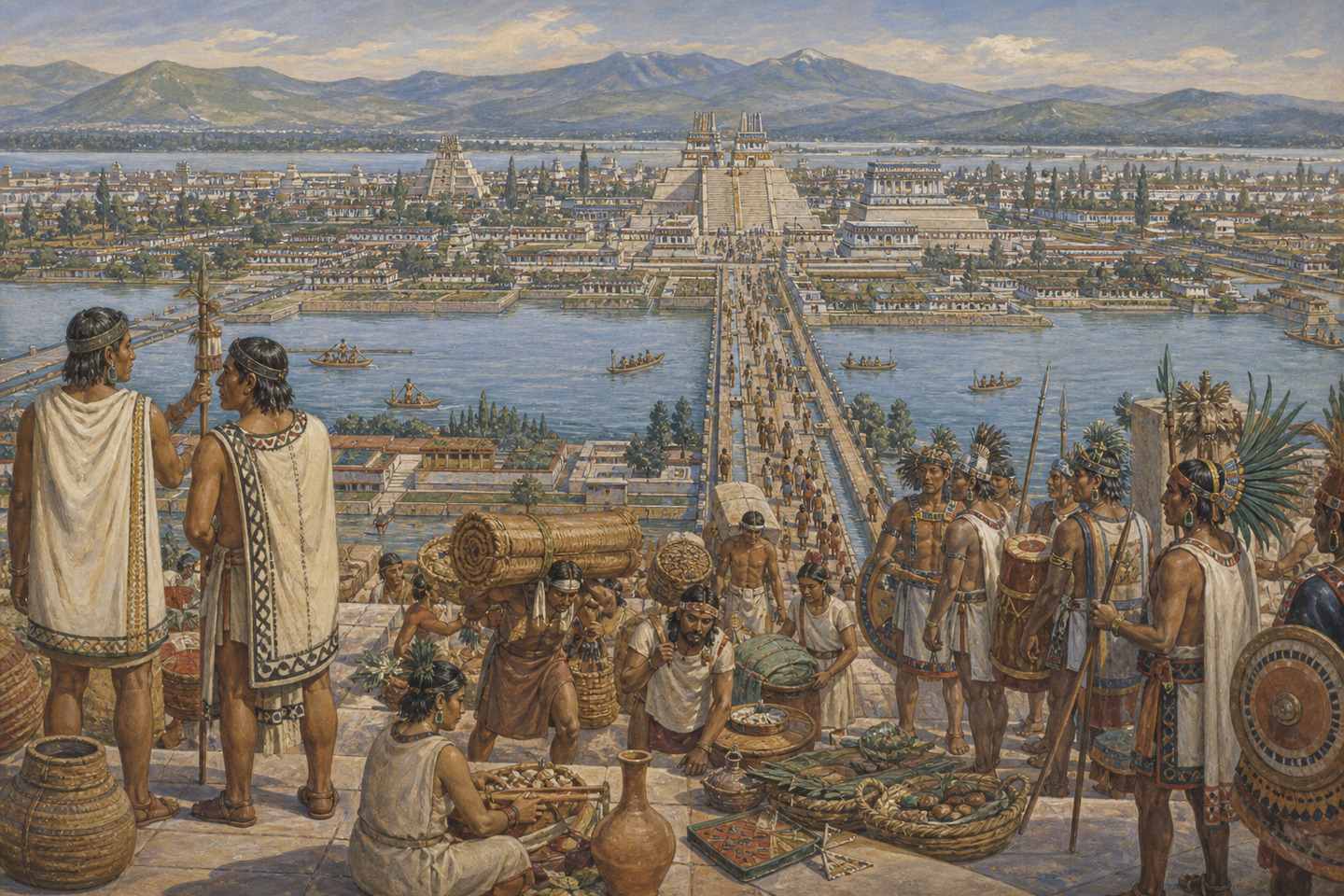 Historical reconstruction of merchants and warriors gathering beside the market and causeway of Tenochtitlan