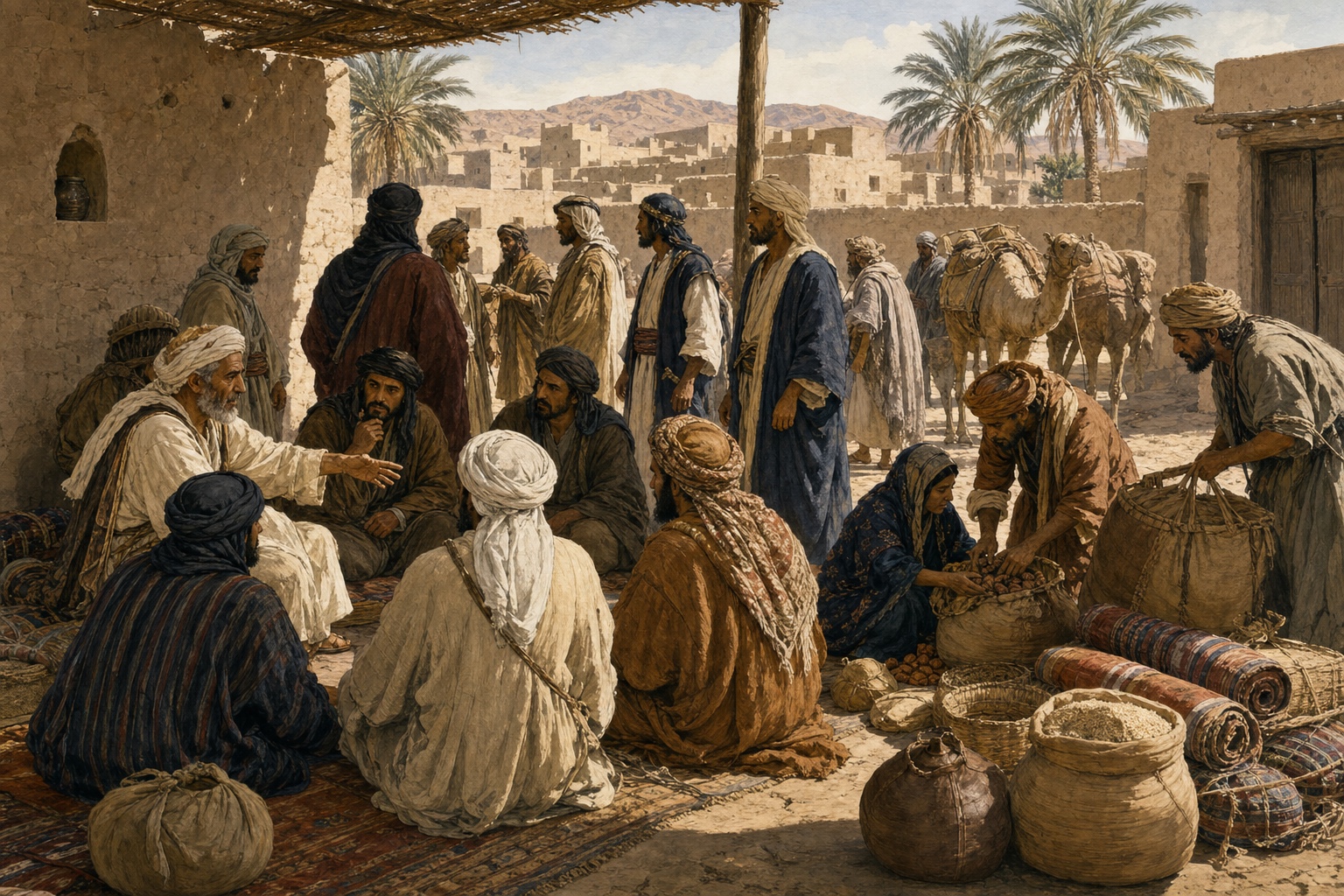 Reconstruction of migrants and residents sharing supplies in a courtyard of Medina during the formation of the early Muslim community