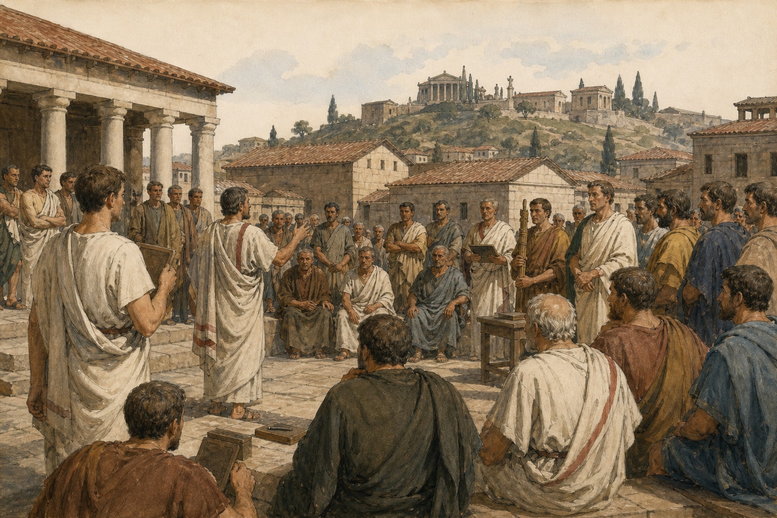 Illustrated reconstruction of senators and citizens building a new republic after the end of Roman kingship