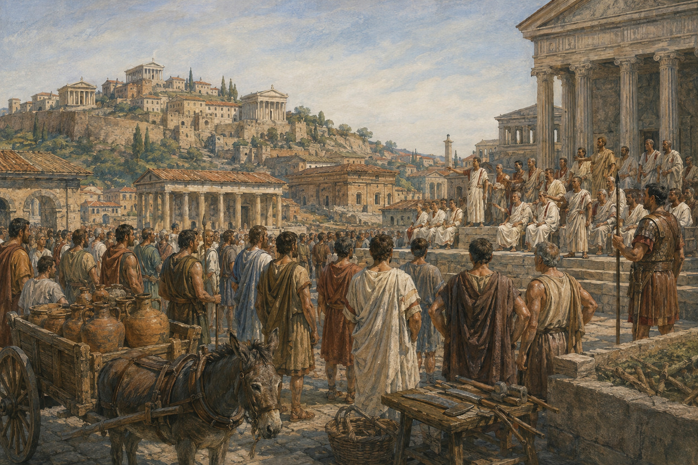 Historical reconstruction of citizens and senators assembling in the Roman Forum during the early Republic