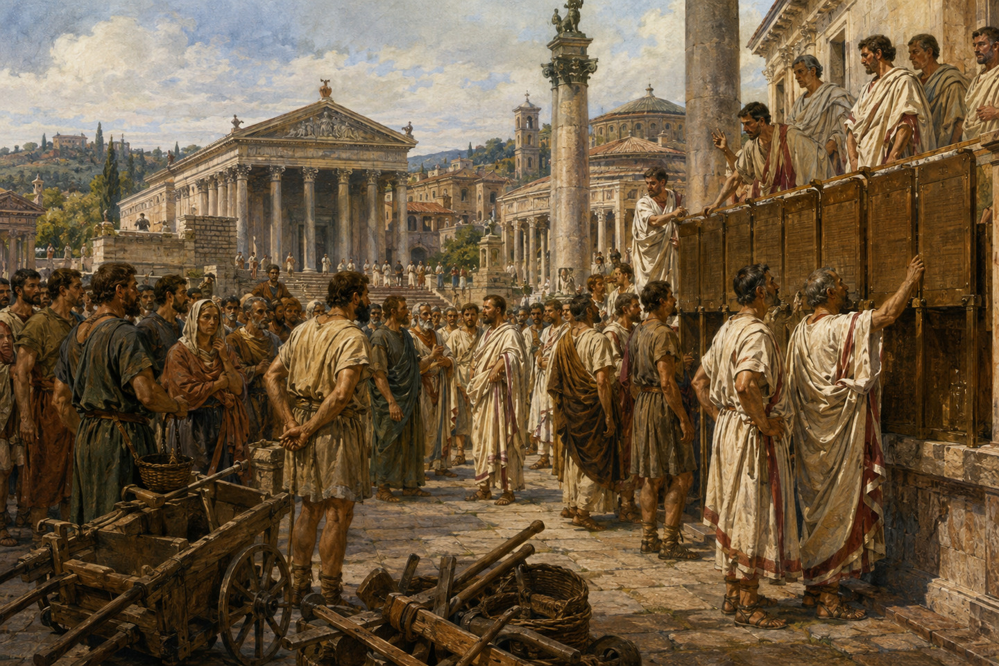 Historical reconstruction of Roman citizens gathering before magistrates and wooden law tablets in the Forum