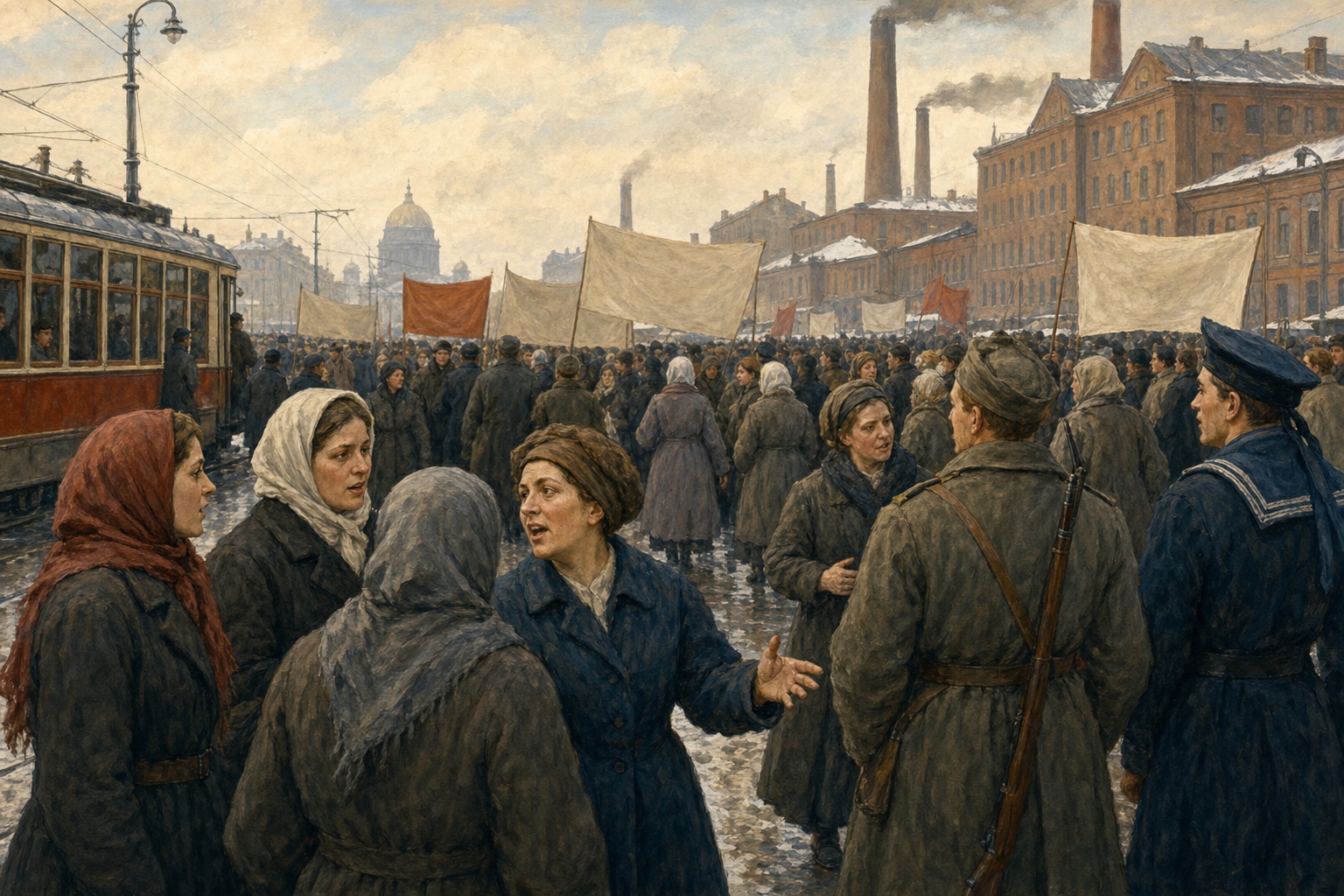 Illustrated reconstruction of workers, soldiers, and sailors gathering on a wintry Petrograd avenue