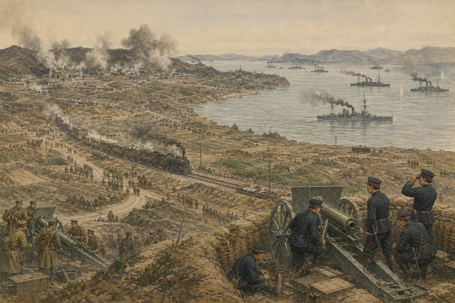 Illustrated reconstruction linking Port Arthur, Manchuria, and Tsushima during the 1904–1905 war