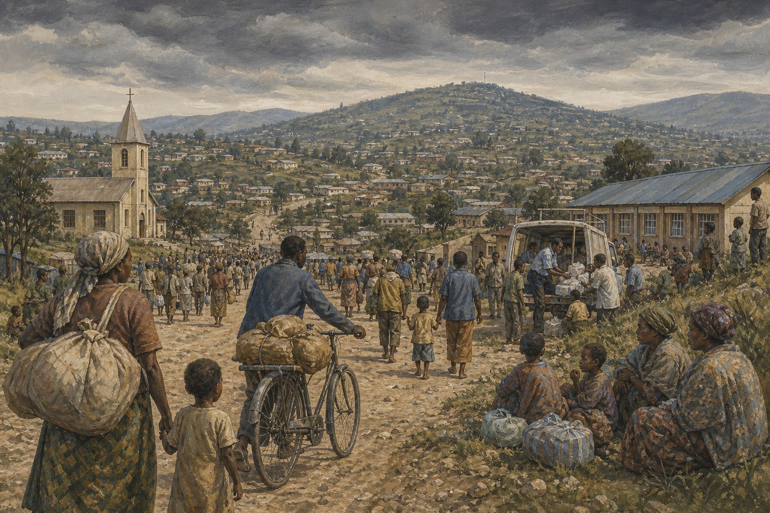 Illustrated reconstruction of residents and aid workers moving through Kigali amid uncertainty in 1994