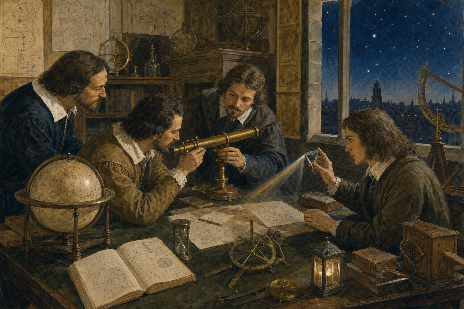 Illustrated reconstruction of natural philosophers examining a telescope and prism together