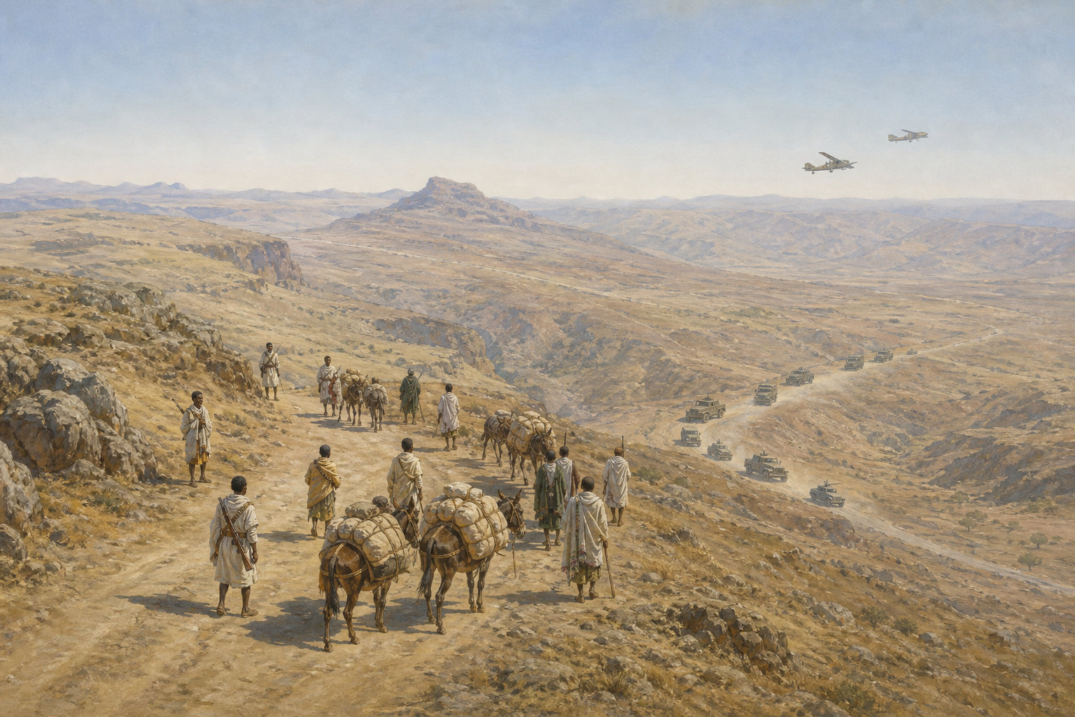 Reconstruction of Ethiopian defenders moving with supply animals across the highlands as an Italian vehicle column and aircraft appear in the distance in 1935