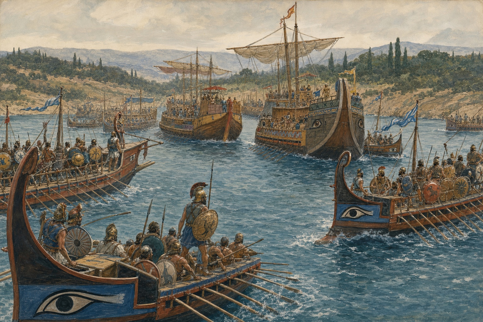 Illustrated reconstruction of Greek and Persian warships maneuvering through the Salamis straits