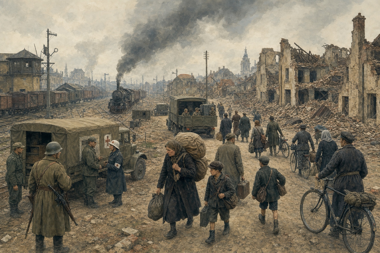 Illustrated reconstruction of civilians carrying belongings through a damaged railway town