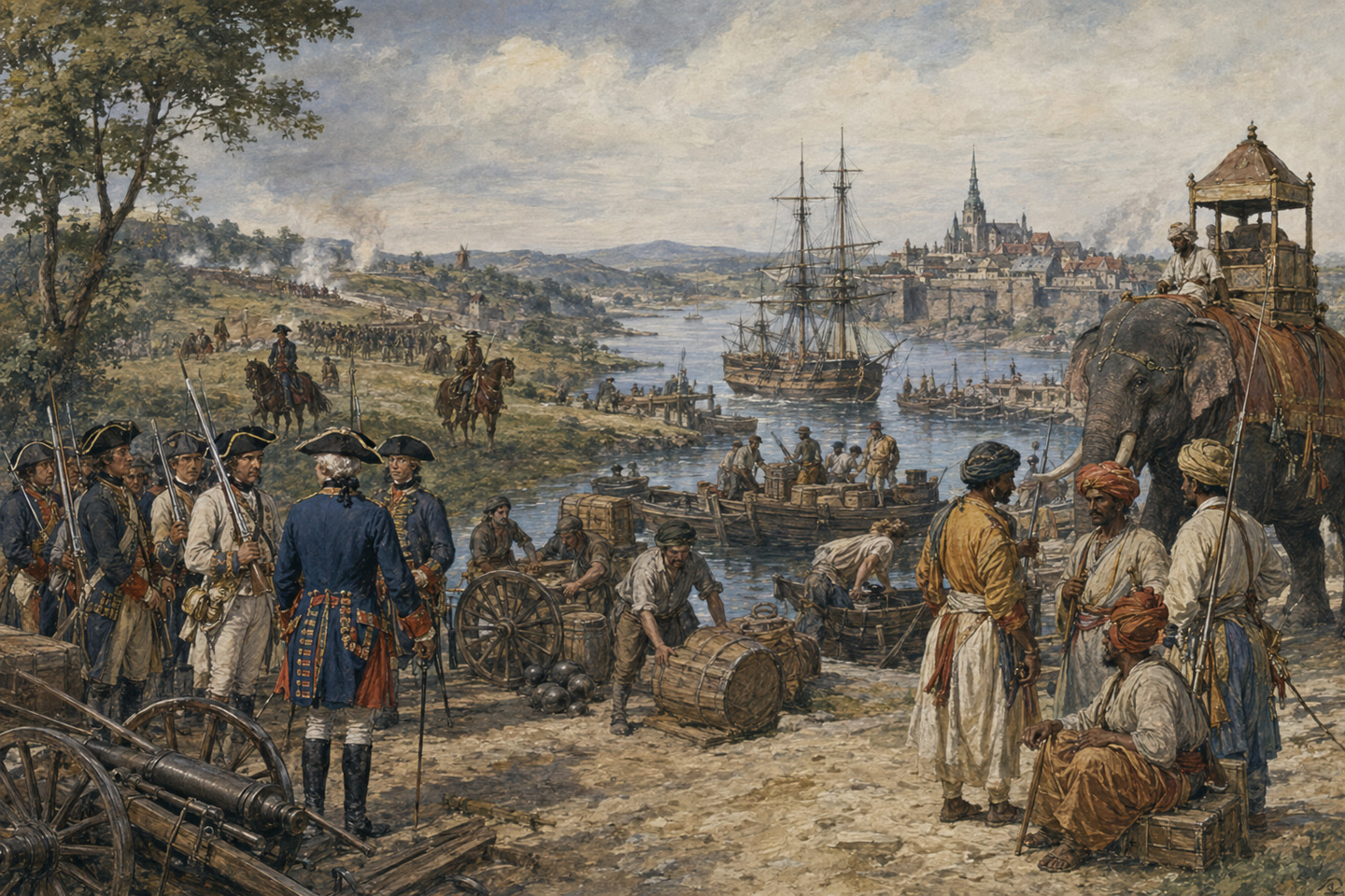 Historical reconstruction of European troops, Indian merchants, and dockworkers at an overseas theater of the Seven Years’ War