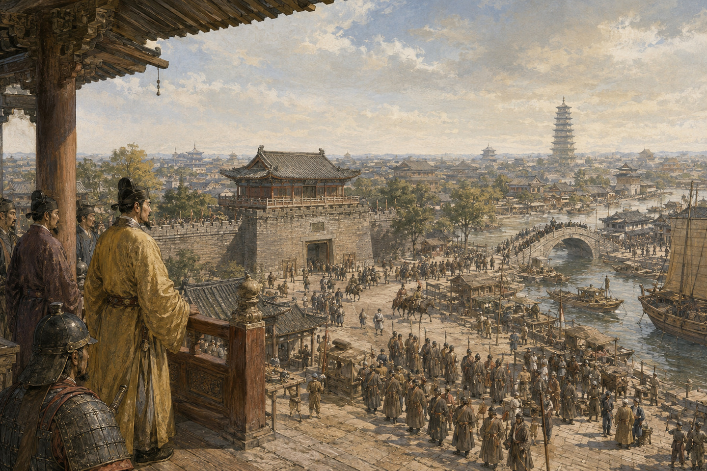 Historical reconstruction of Song troops and officials entering Kaifeng as residents watch from the city streets