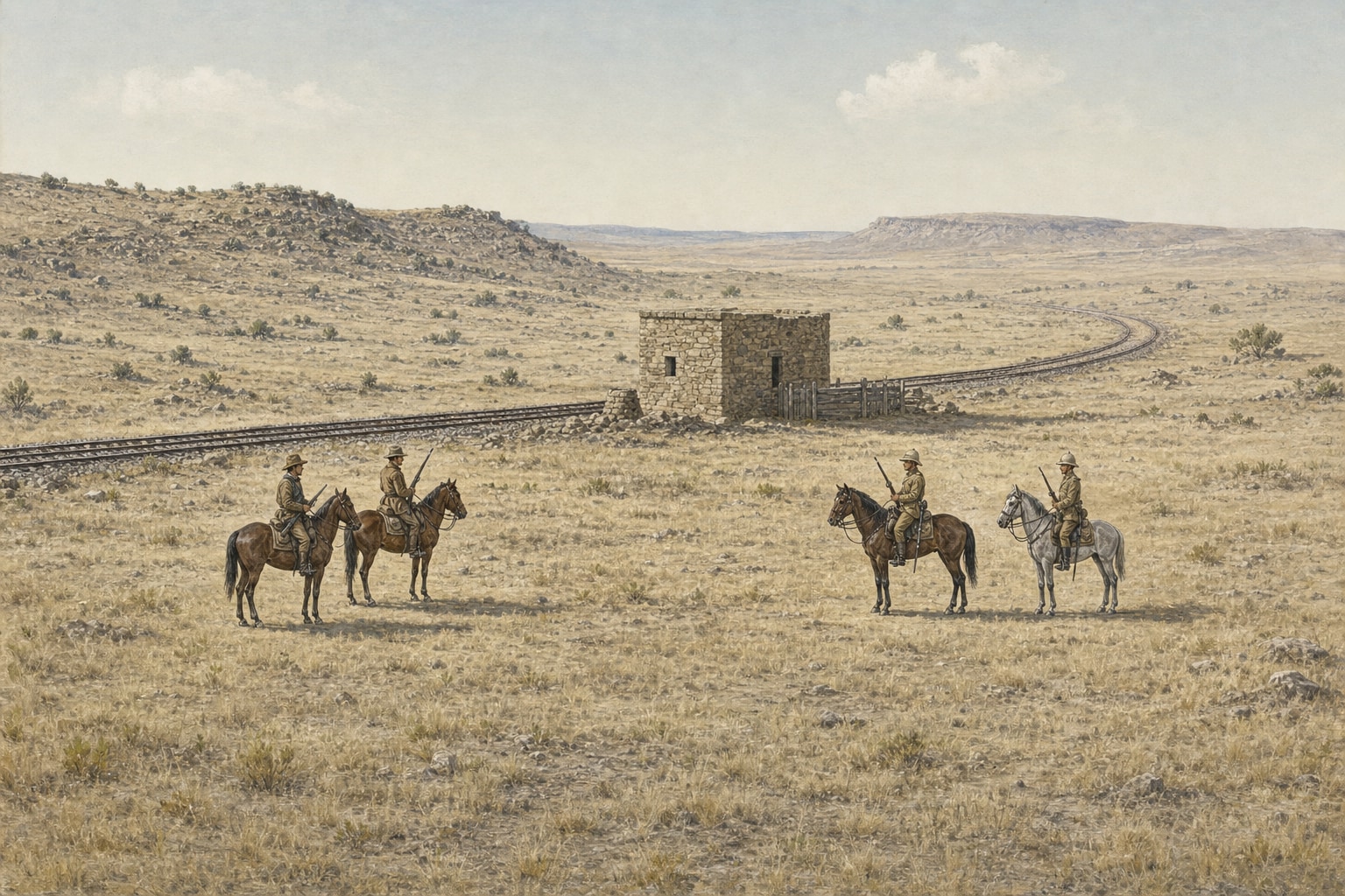 A Boer commando and British mounted troops confront each other near a blockhouse on the South African highveld in 1901