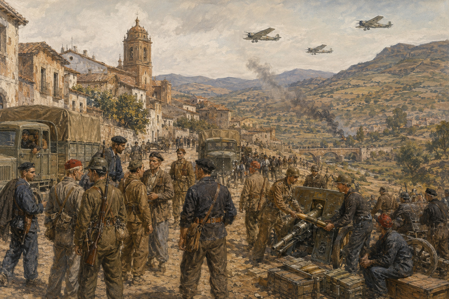 Historical reconstruction of soldiers deploying a convoy and artillery in a Spanish town as aircraft pass overhead