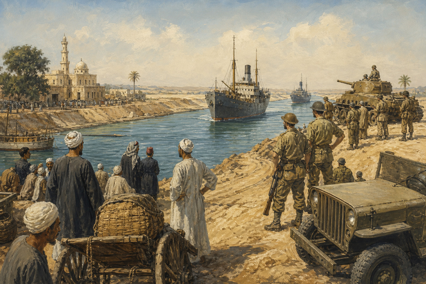 Historical reconstruction of ships moving through the Suez Canal as soldiers and residents watch from the bank