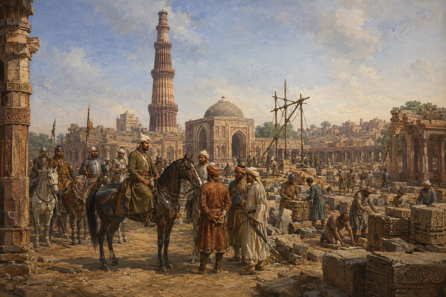 Historical reconstruction of rulers, soldiers, and builders gathering in Delhi at the founding of the Sultanate