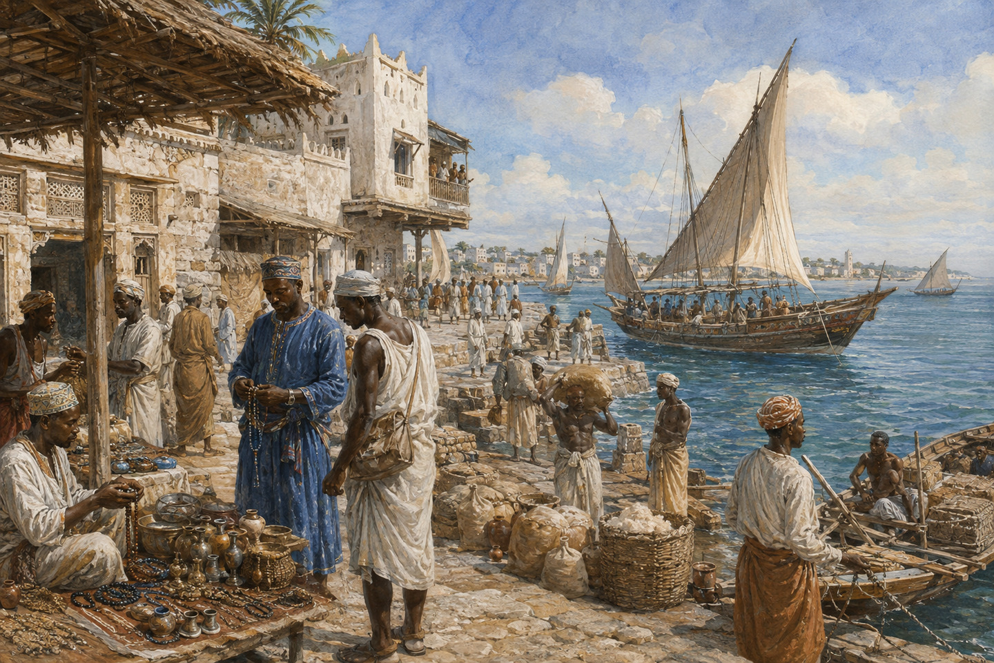 Historical reconstruction of dhow crews and merchants conducting Indian Ocean trade at an East African port