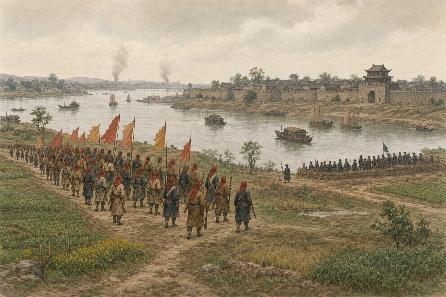 Illustrated reconstruction of Taiping forces marching beside the lower Yangtze toward a walled city defended by Qing troops