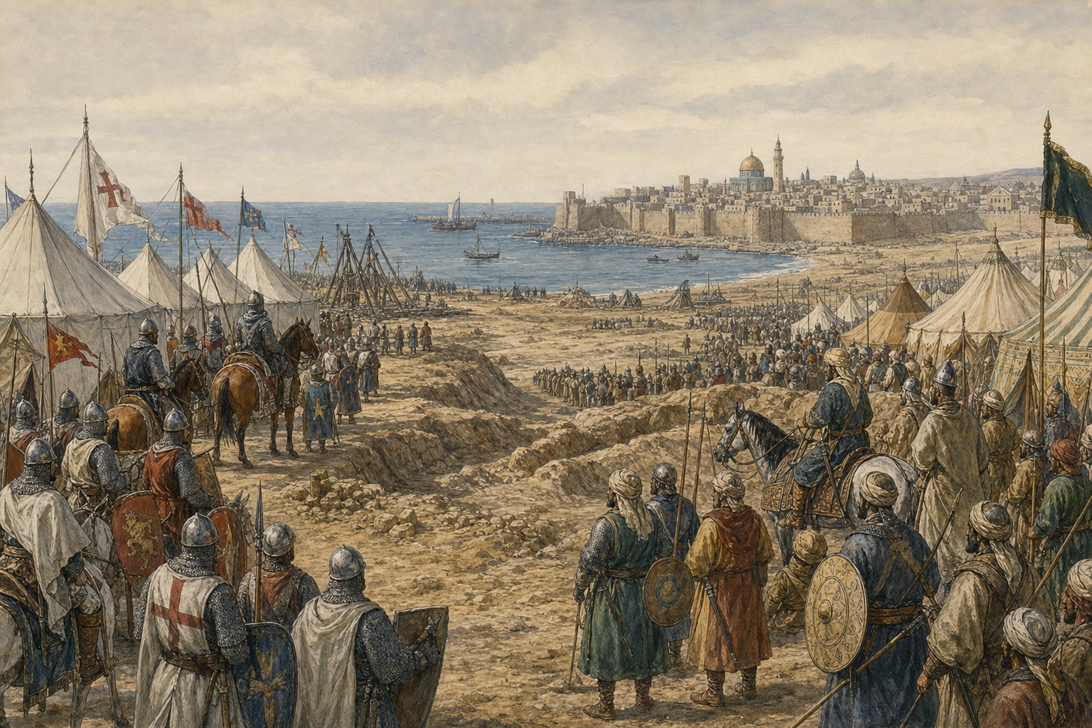 Illustrated reconstruction of Crusader and Ayyubid camps spread outside the walls of Acre