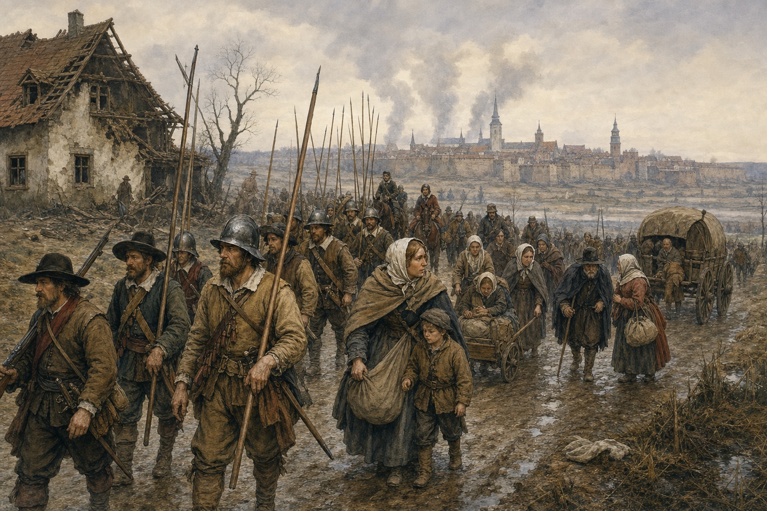 Illustrated reconstruction of displaced families and soldiers passing a damaged farm on a muddy road