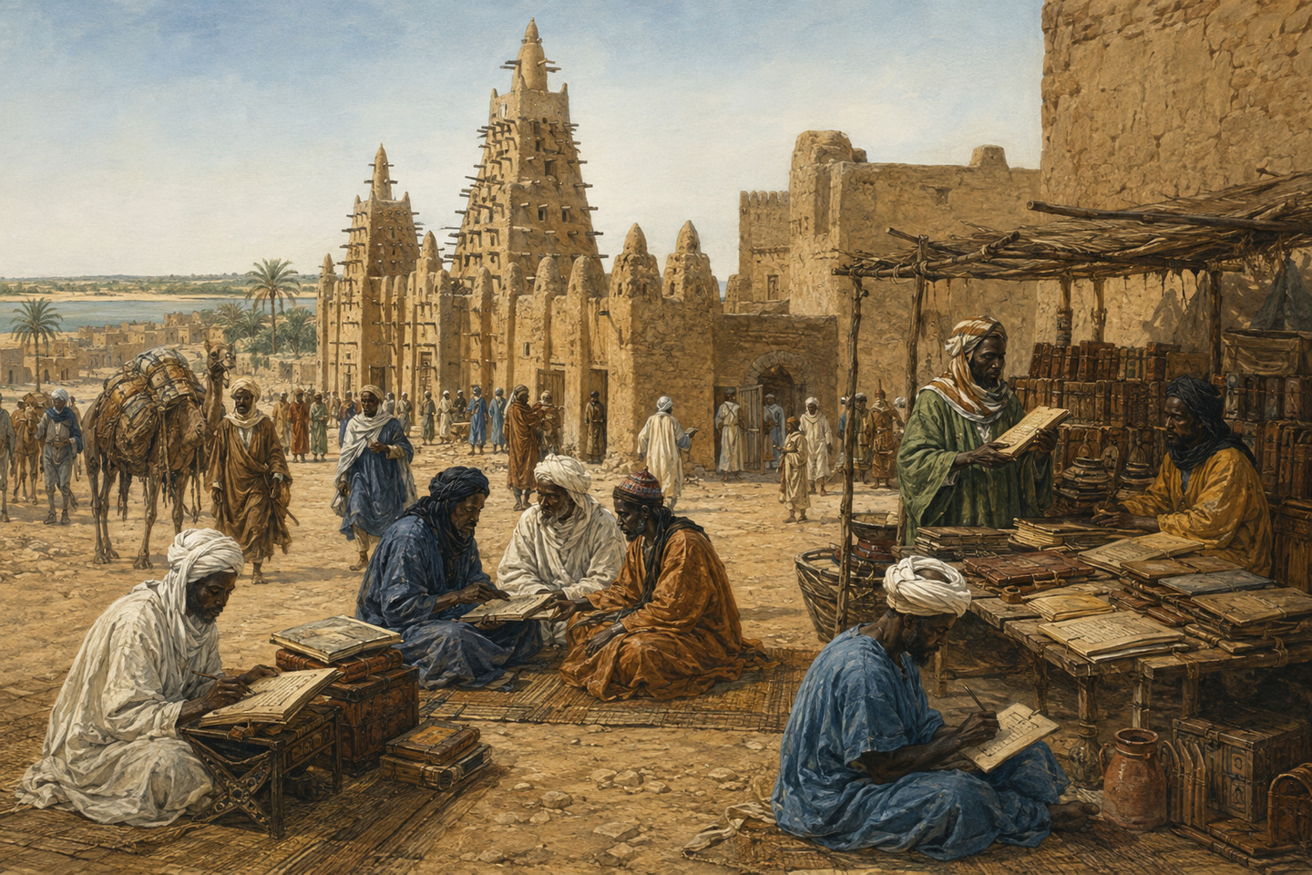 Historical reconstruction of scholars and students reading manuscripts among the earthen mosques of Timbuktu