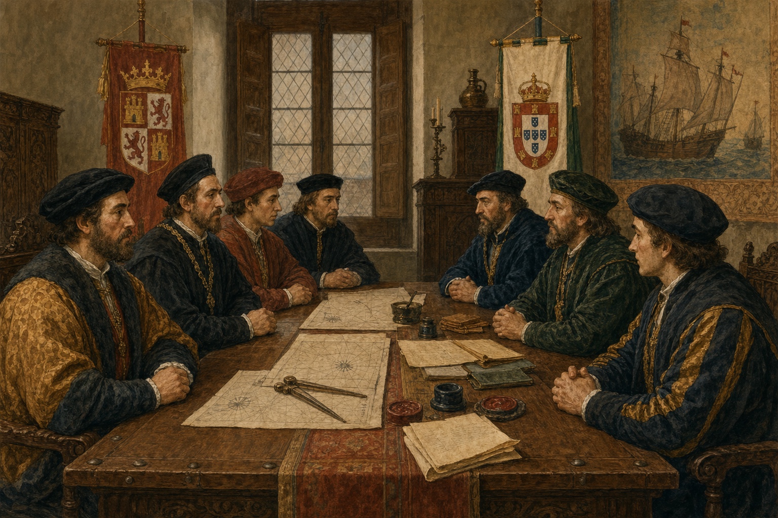 Illustrated reconstruction of Castilian and Portuguese envoys negotiating across nautical charts