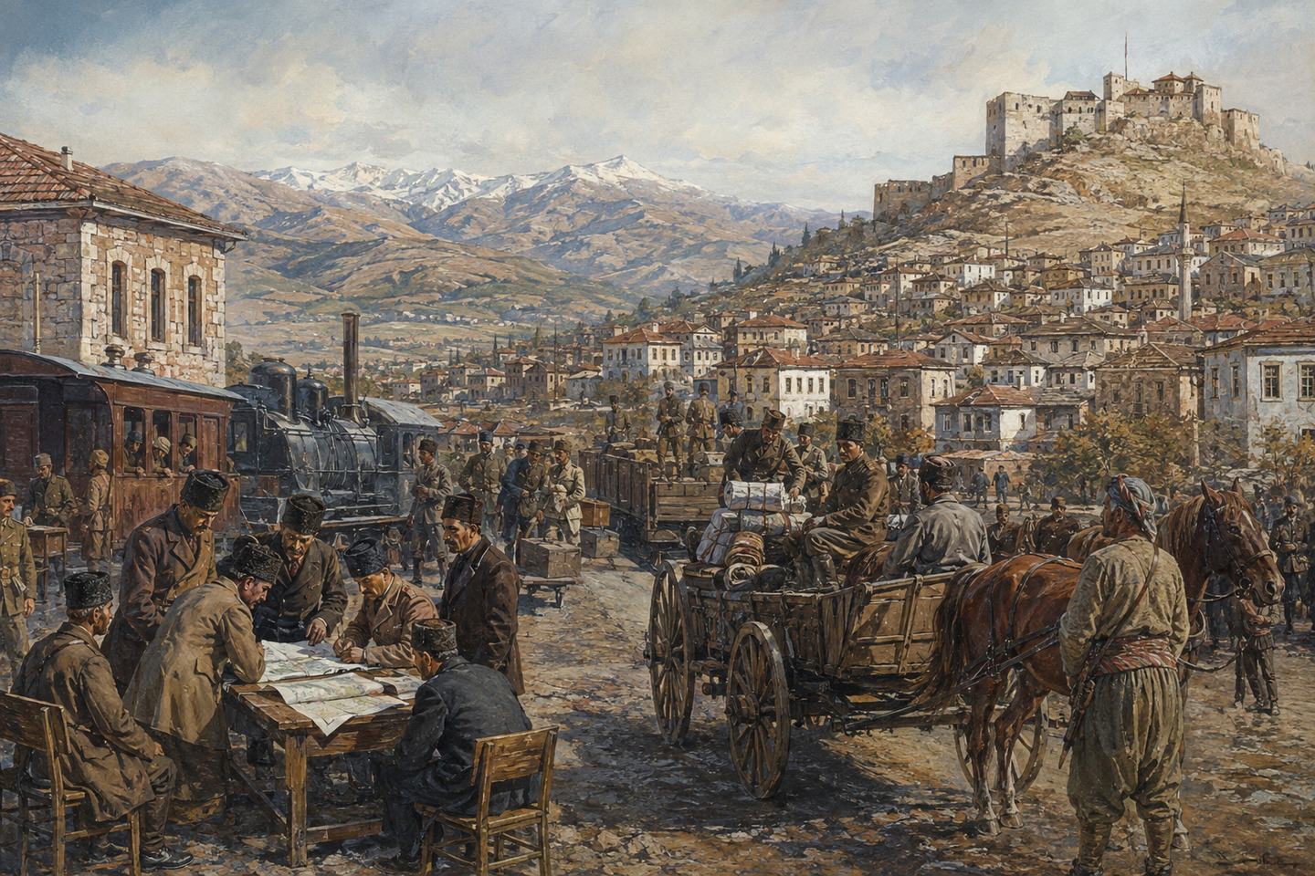 Historical reconstruction of nationalist officers and soldiers planning transport at an Anatolian railway station