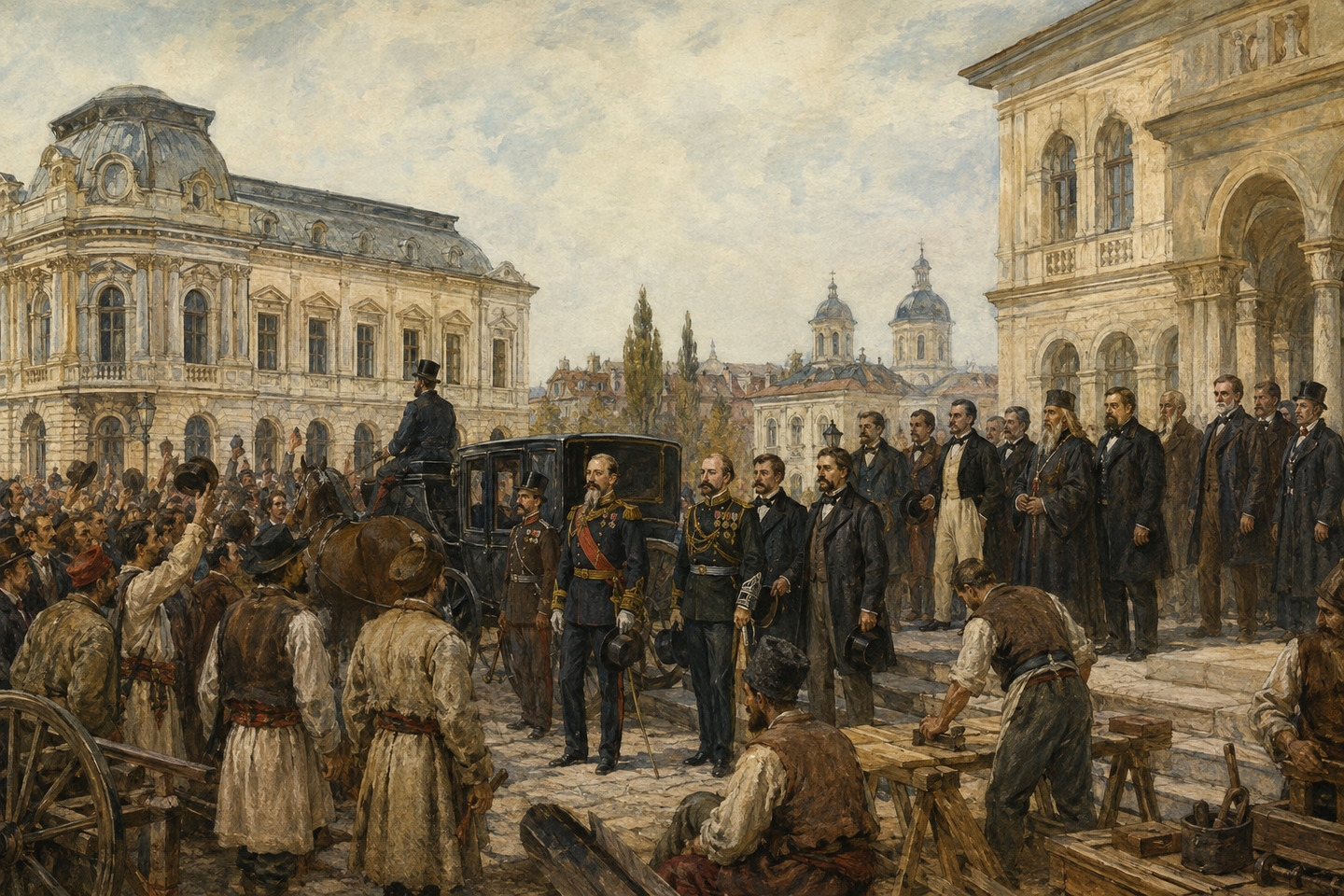 Historical reconstruction of politicians, soldiers, and rural residents gathering in a Romanian city at the union of the principalities