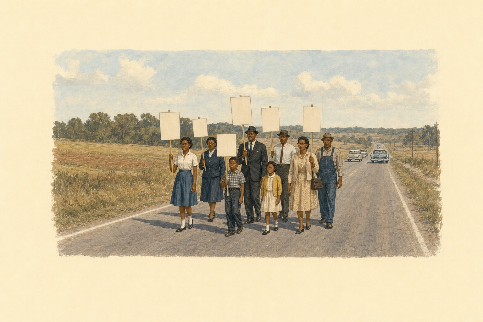 A civil-rights voting march moves along a road near Selma, Alabama, in 1965