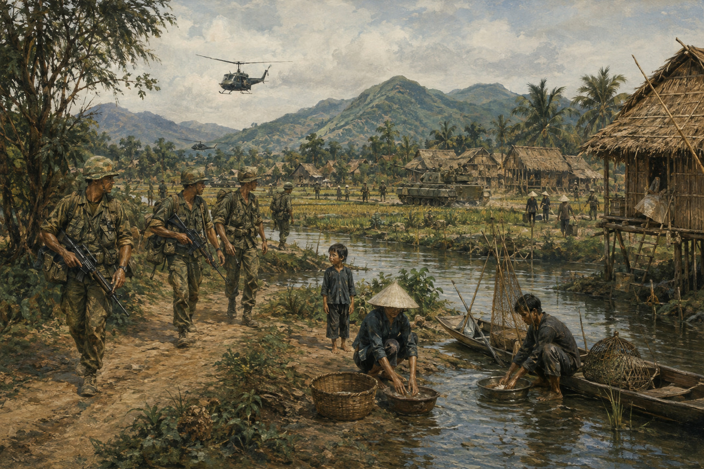 Historical reconstruction of soldiers patrolling beside villagers in rural Vietnam as a helicopter passes overhead
