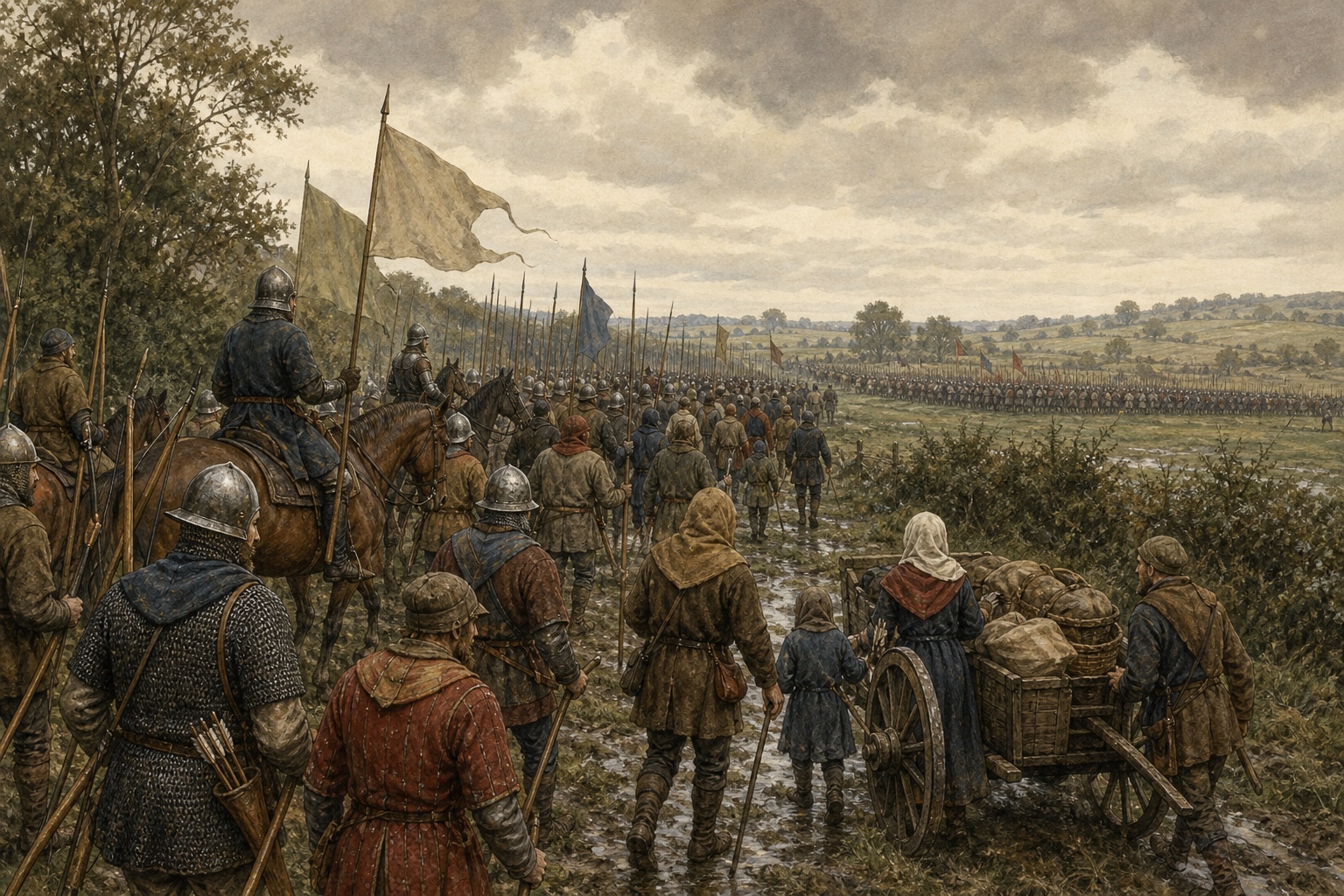 Reconstruction of fifteenth-century English soldiers facing across muddy ground near Bosworth without displaying a readable royal banner
