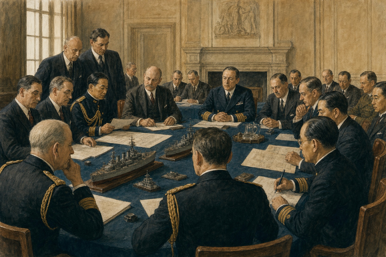 Reconstruction of international delegates conferring over naval limitation drafts in a Washington, D.C. meeting room