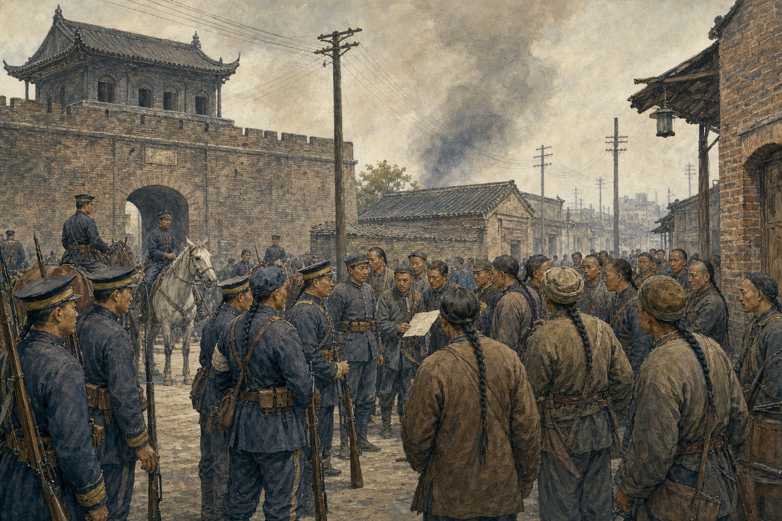 Illustrated reconstruction of New Army soldiers and civilians conferring at a Wuchang street junction
