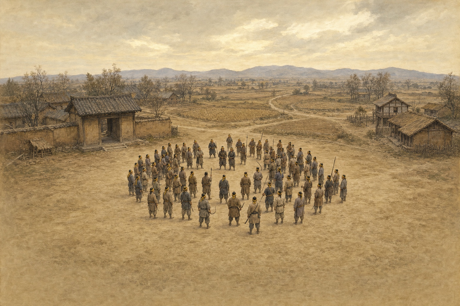People wearing yellow headcloths gather in a Later Han rural setting during the uprising of 184